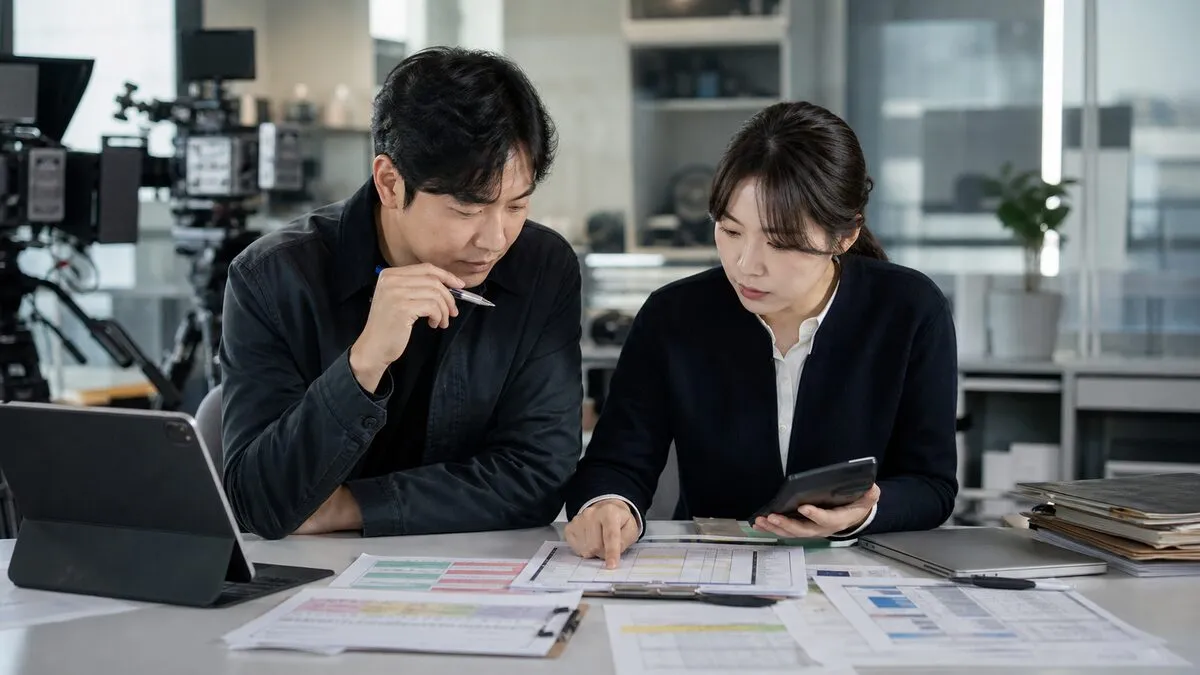 콘텐츠 제작사가 예산과 인턴 운영비를 검토하는 장면을 재구성한 AI 이미지. 실제 공식 자료나 현장 사진이 아님.