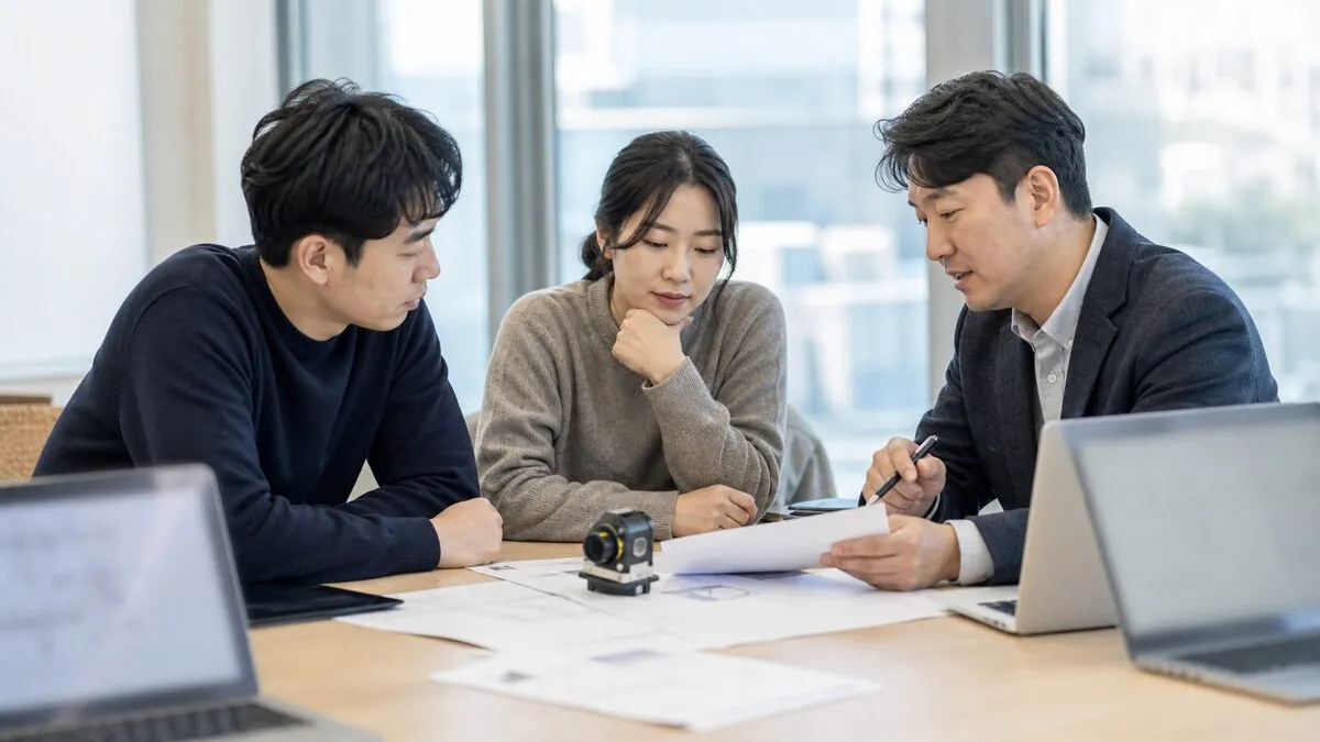 기술이전과 사업계획을 검토하는 장면을 재구성한 AI 이미지. 실제 공식 자료나 현장 사진이 아님.