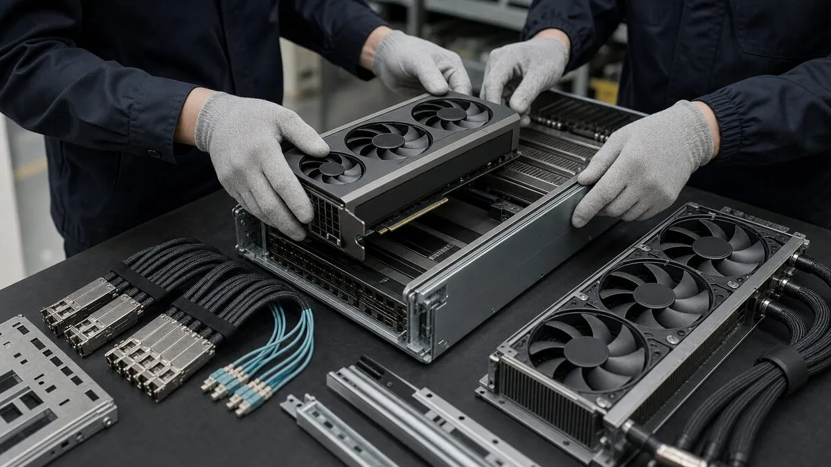 무표식 GPU 서버 부품과 냉각 구성을 검토하는 장면. AI 생성 이미지. 실제 공식 자료나 현장 사진이 아님.