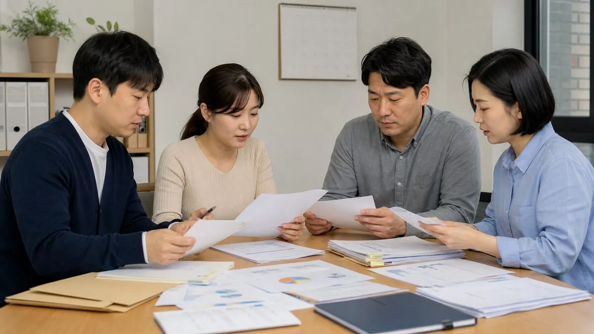 사회적기업 구성원이 사업계획과 재무자료를 준비하는 장면을 재구성한 AI 이미지. 실제 공식 자료나 현장 사진이 아님.