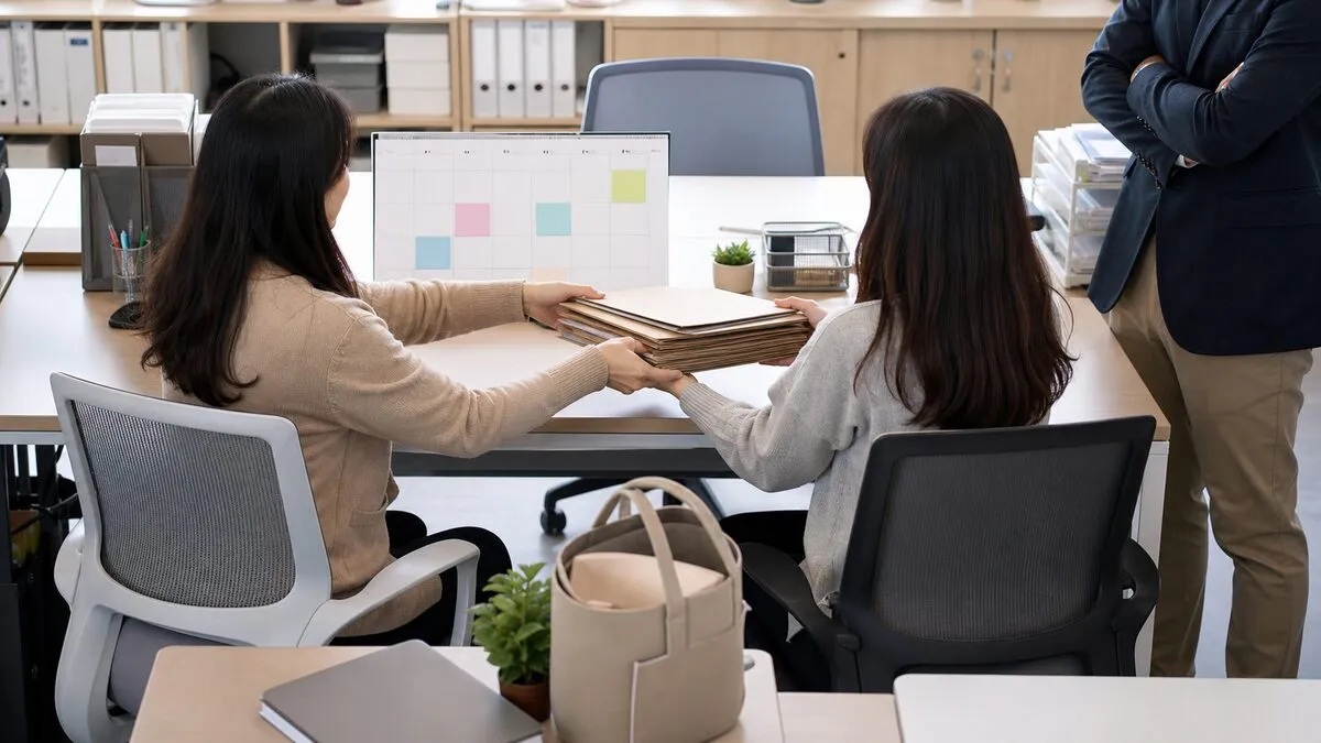 육아휴직 전 기존 업무를 대체인력에게 인계하는 장면. AI 생성 이미지. 실제 공식 자료나 현장 사진이 아님.