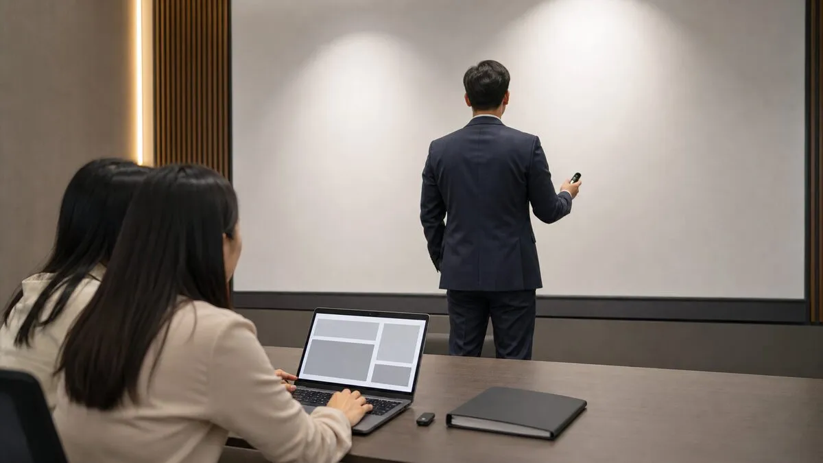 기업 교육용역 제안 발표를 앞둔 운영팀의 리허설 장면. AI 생성 이미지. 실제 공식 자료나 현장 사진이 아님.