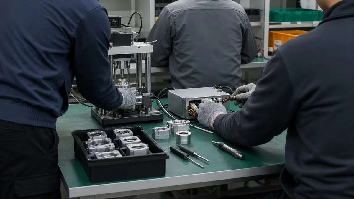 중소 제조기업 R&D 공간에서 연구원들이 정밀 시제품과 전자제어 모듈을 시험하는 장면. AI 생성 이미지. 실제 공식 자료나 현장 사진이 아님.