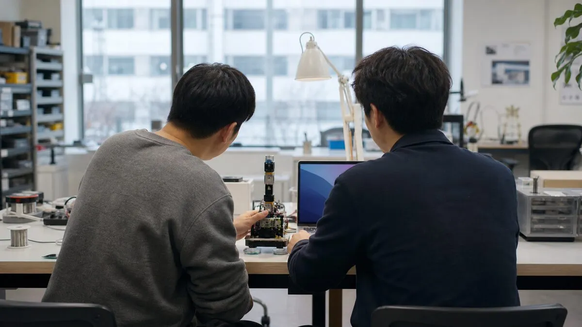 기술 기반 창업팀이 시제품을 점검하는 일반화된 작업공간. AI 생성 이미지. 실제 공식 자료나 현장 사진이 아님.