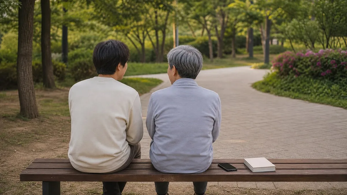AI 생성 이미지로 실제 공식 자료나 현장 사진이 아님을 밝힙니다. 여가의 질을 화면 사용 여부 하나로 재단하지 않고 대화·산책·스스로 선택한 휴식의 맥락까지 함께 봐야 한다는 논지를 연출했으며, 실제 생활시간조사 참여자나 생활 현장과 무관합니다.