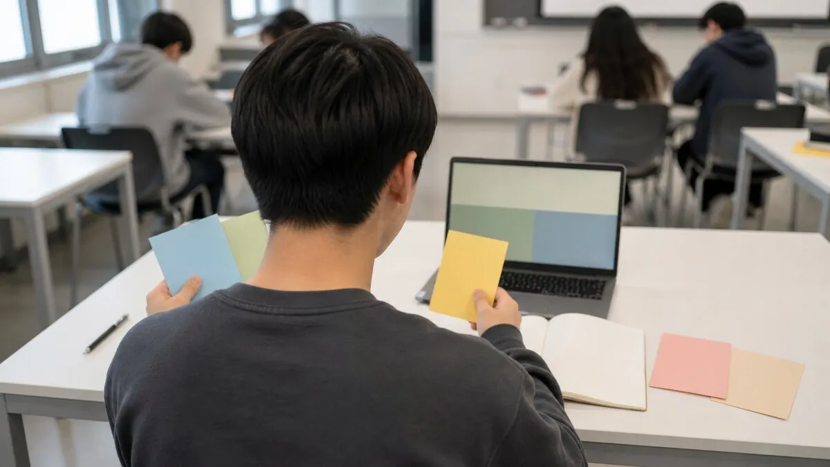 AI 생성 이미지. 고등학생이 공동교육과정 과목을 비교하는 상황을 상징적으로 연출했으며, 실제 학교 수업이나 인천시교육청 행사 현장 사진이 아닙니다.