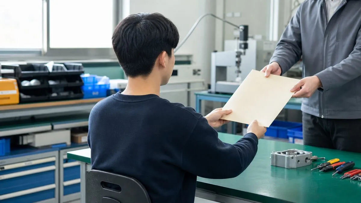 중소기업 현장에서 신규 청년 근로자가 무표식 고용서류를 받고 업무교육을 시작하는 장면. AI 생성 이미지. 실제 공식 자료나 현장 사진이 아니며, 기사 내용을 설명하기 위한 연출 이미지입니다.