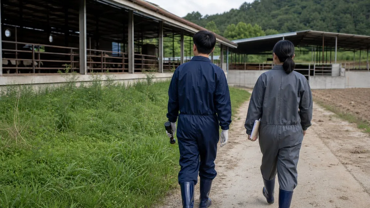 AI 생성 이미지. 실제 농림축산식품부 컨설팅이나 특정 농장 현장 사진이 아니며, 업체·지역·사람을 식별할 수 없도록 농장 주변 환경관리 점검을 일반화해 연출한 이미지입니다.
