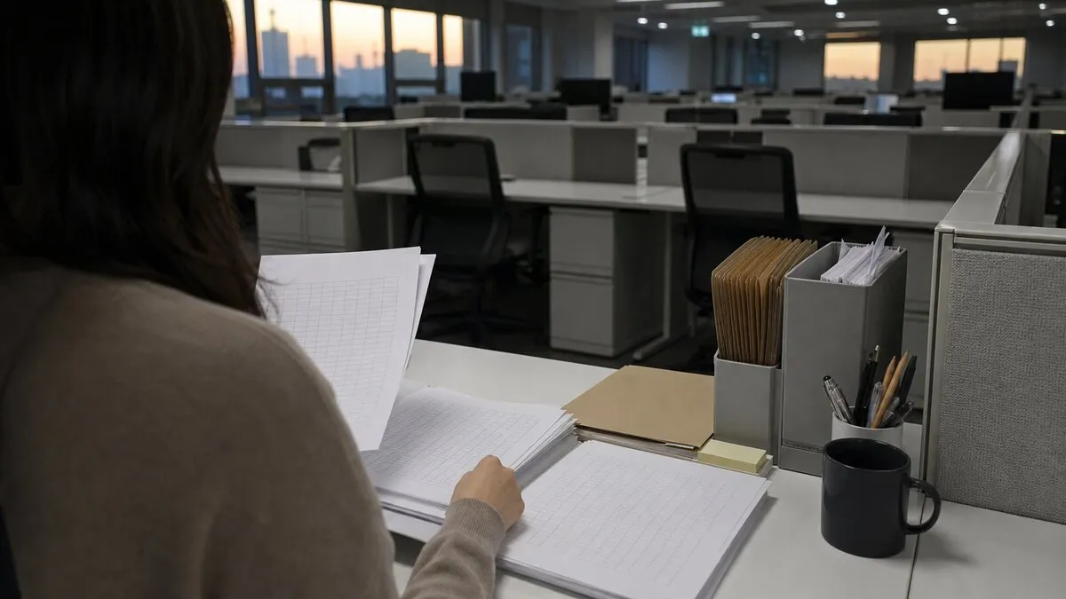 한국의 일반 사무공간에서 익명의 인사담당자가 무표식 근태자료를 점검하는 모습을 재구성한 AI 생성 이미지입니다. 실제 공식 자료, 감독 현장 또는 특정 기업의 사진이 아닙니다.