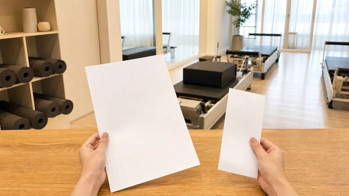 일반적인 요가·필라테스 스튜디오에서 무표식 이용계약을 검토하는 상황을 재구성한 AI 생성 이미지입니다. 실제 공식 자료, 특정 업체 또는 분쟁 현장 사진이 아닙니다.