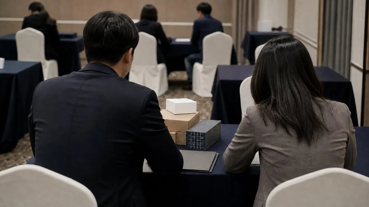 비식별 수출기업 담당자와 통관 전문가가 무표식 제품 샘플과 빈 서류를 놓고 상담하는 장면. AI 생성 이미지. 실제 설명회나 관세관 사진이 아니며, 기사 내용을 설명하기 위한 연출 이미지입니다.