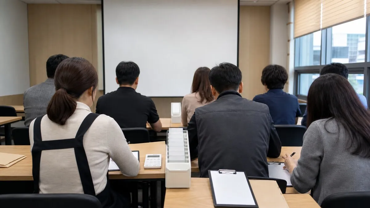 소규모 음식점·이·미용업 사업주를 위한 노무교육 장면을 일반화해 재구성한 AI 생성 이미지입니다. 실제 교육 참가자, 기관 행사장, 교재 또는 신청 화면이 아닙니다.