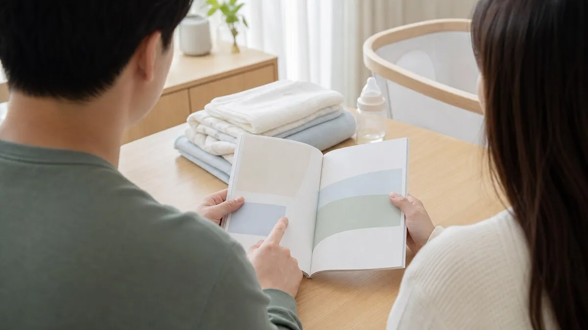 AI 생성 이미지. 실제 산후조리원·보건소·특정 부모 또는 보건복지부 배포 현장 사진이 아니며, 책자 제목·QR코드·기관 로고·의료정보·식별 가능한 얼굴 없이 출산 초기 부모가 무표식 육아자료를 살펴보는 상황을 일반화해 표현한 비현장 연출 이미지입니다.
