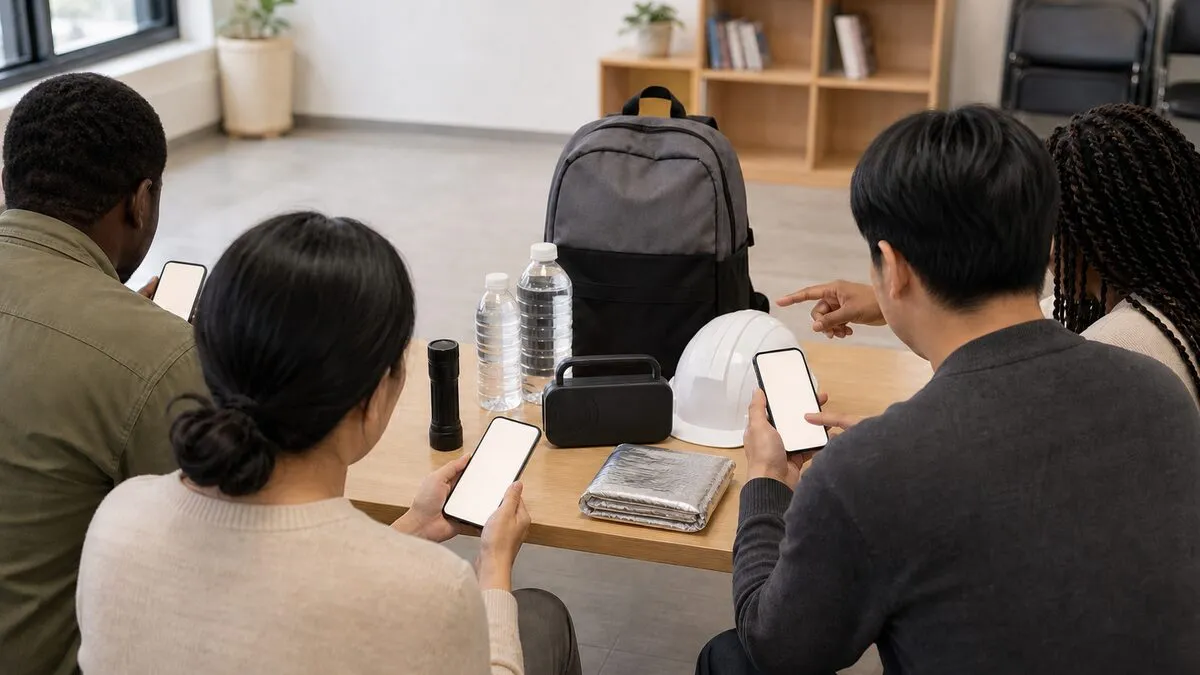 AI 생성 이미지. 실제 재난 상황·공공기관 교육·특정 앱 화면을 촬영한 것이 아니며, 국내 체류 이용자들이 비상용품과 휴대전화를 함께 확인하는 다국어 안전안내 상황을 설명하기 위한 비식별 연출 이미지입니다.