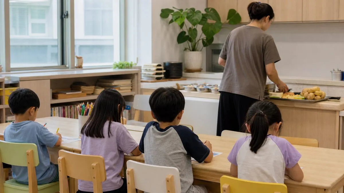 AI 생성 이미지. 실제 돌봄센터나 이용 아동을 촬영한 것이 아니며, 방학 중 돌봄과 식사 제공 환경을 설명하기 위한 비식별 연출 이미지입니다.