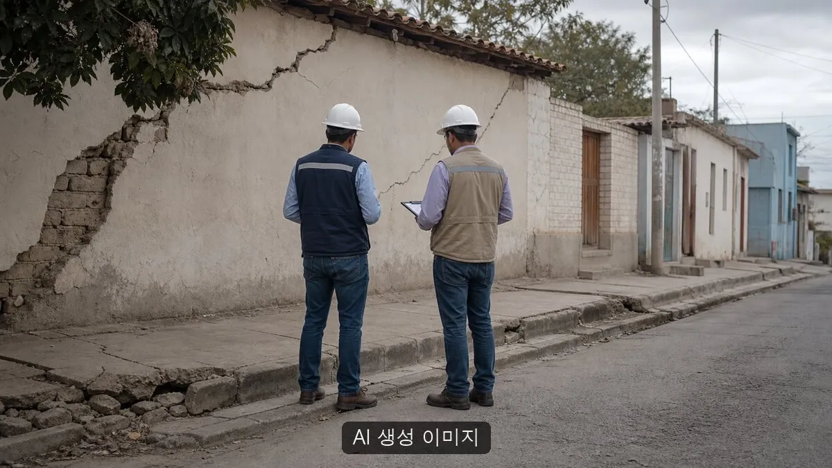 특정 도시나 건물을 복제하지 않은 일반화된 도시 기반시설 손상 평가 현장에서 비식별 조사자들이 균열 난 외벽과 도로를 살피는 장면. AI 생성 이미지이며 실제 베네수엘라 피해지역·이재민·조사단·공식 자료 사진이 아니고 문자·숫자·로고·국기·식별 가능한 얼굴을 포함하지 않았습니다.