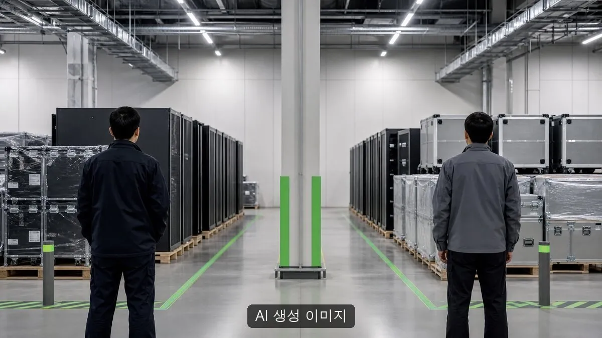 두 개의 별도 납품 구역에 일반화된 GPU 서버 장비를 배치하고 비식별 기술자가 검수하는 장면을 재구성한 AI 생성 이미지입니다. 실제 현대오토에버·현대자동차·기아의 서버, 사업장, 직원, 계약서 또는 납품 현장 사진이 아닙니다.