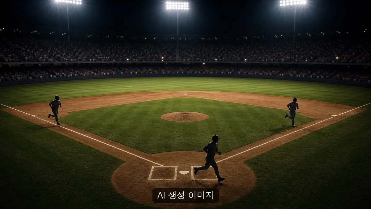 AI 생성 이미지. 실제 키움-KIA 경기나 광주 구장을 촬영한 공식·현장 사진이 아니며, 구단 로고·등번호·식별 가능한 얼굴 없이 늦은 이닝 3점 홈런 뒤 주자들이 베이스를 도는 장면을 일반화해 표현한 비현장 연출 이미지입니다.
