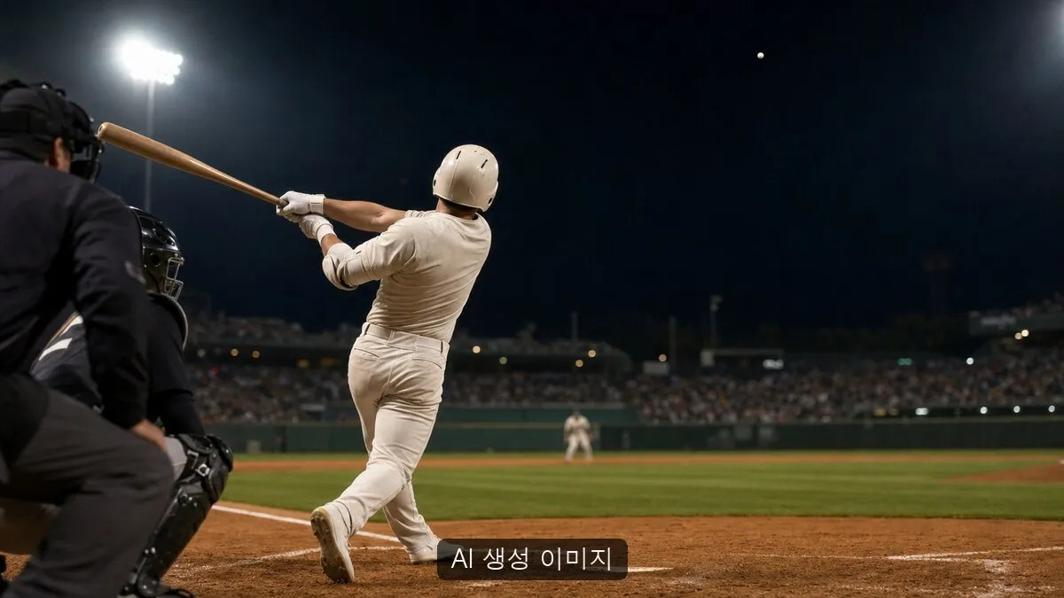 AI 생성 이미지. 실제 KT-롯데 경기나 사직야구장을 촬영한 공식·현장 사진이 아니며, 구단 로고·등번호·식별 가능한 얼굴 없이 야간 야구의 홈런 타격 순간을 일반화해 표현한 비현장 연출 이미지입니다.