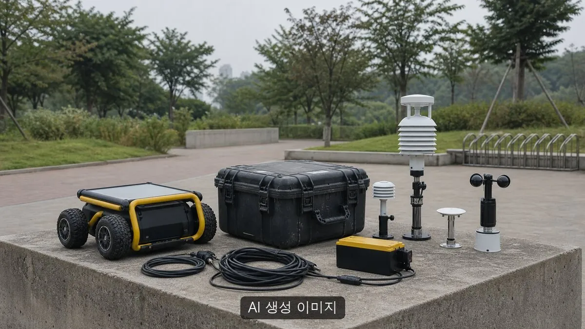 지역 현장에 투입할 무표기 이동형 실증 장비와 시제품을 야외에서 점검하는 장면을 구현한 AI 생성 이미지. 실제 로그인로컬 실증기관이나 선정기업 현장 사진이 아니다.