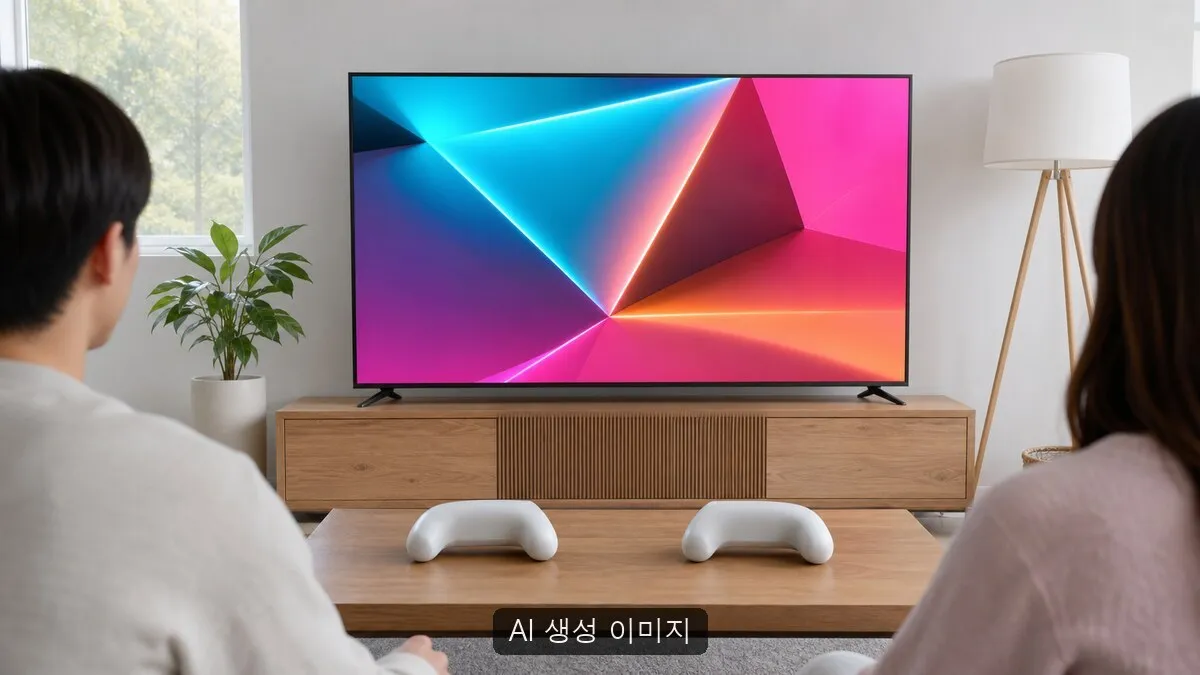실제 게임 화면이나 기기를 복제하지 않은 밝은 거실의 일반화된 콘솔 게임 환경에서 비식별 이용자의 뒷모습과 무표식 컨트롤러 후면, 추상적인 기하학 조명이 보이는 장면. AI로 생성한 이미지이며 실제 Minecraft Dungeons 화면·캐릭터·한국닌텐도 행사·제품 또는 공식 자료 사진이 아니고 문자·숫자·로고·기관 UI·식별 가능한 얼굴을 포함하지 않았습니다.