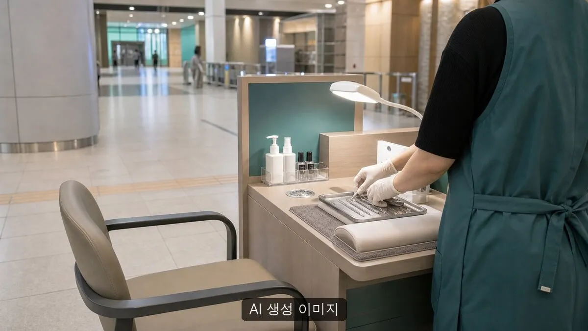 철도역 안의 접근 가능한 네일케어 작업공간에서 비식별 작업자가 도구를 정리하는 장면을 일반화해 재구성한 AI 생성 이미지입니다. 실제 수서역 GTX-A, 섬섬옥수 매장, 참여기업, 장애인 근로자, 공단 자료 또는 현장 사진이 아닙니다.