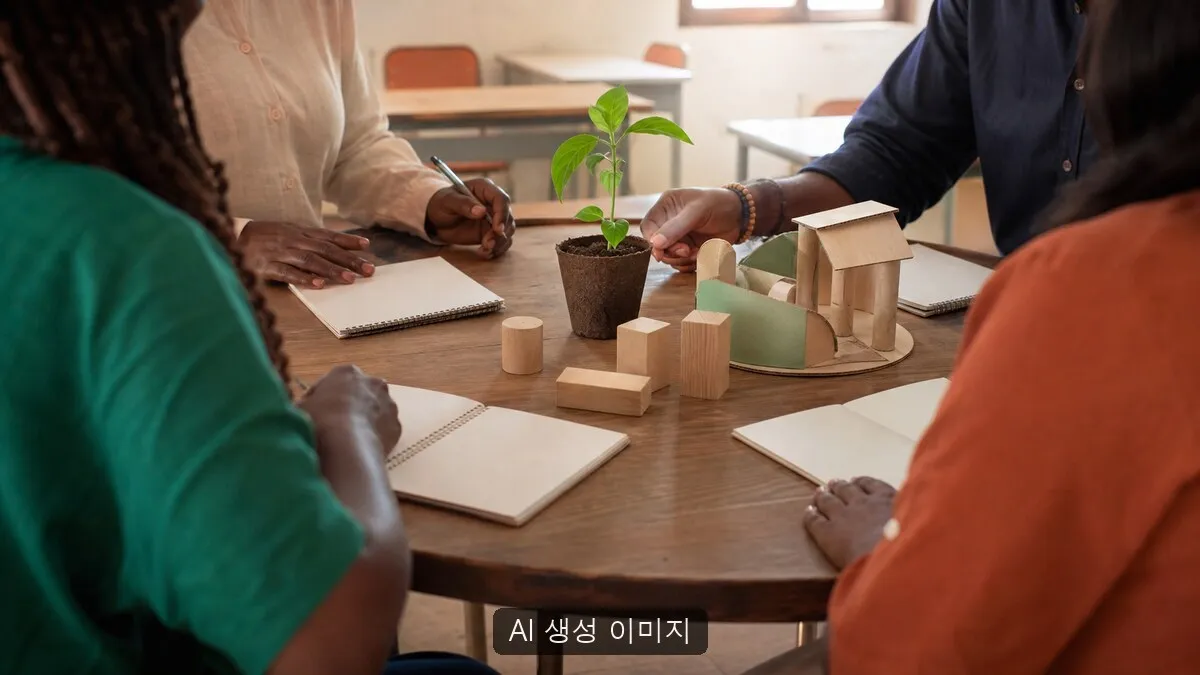 특정 학교나 행사를 재현하지 않은 일반화된 지속가능발전교육 워크숍에서 비식별 성인 교육자들이 빈 노트와 교육 모형을 놓고 협업하는 장면. AI로 생성한 이미지이며 실제 유네스코·LEAD-ESD 졸업식·교육 현장이나 공식 자료 사진이 아니고 문자·숫자·로고·국기·식별 가능한 얼굴을 포함하지 않았습니다.