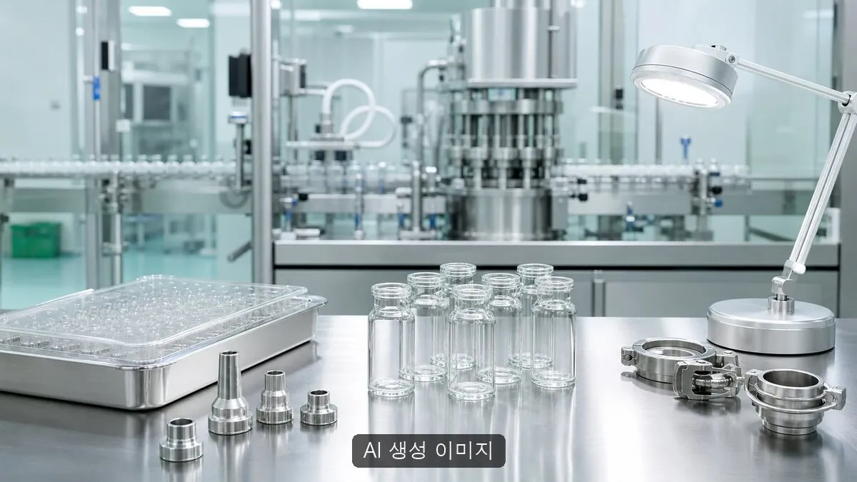 무표기 바이알과 스테인리스 생산설비를 배치해 제약 생산라인 점검 장면을 구현한 AI 생성 이미지. 실제 영진약품 남양공장이나 GMP 심사 현장 사진이 아니다.