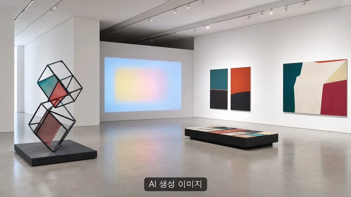 현대미술 전시 공간을 일반화해 연출한 AI 생성 이미지입니다. 실제 올해의 작가상 2026 전시장, 출품작, 국립현대미술관 내부 또는 참여 작가의 작품을 재현한 이미지가 아닙니다.