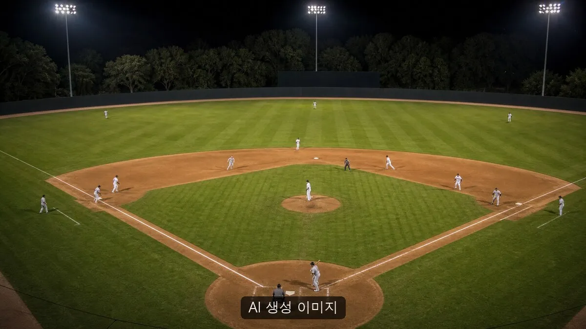AI 생성 이미지. 실제 LG-한화 경기나 대전야구장을 촬영한 공식 자료 또는 현장 사진이 아니며, 구단 로고·등번호·점수판·식별 가능한 얼굴 없이 여러 주자가 움직이는 야간 야구 장면을 일반화한 비현장 연출 이미지입니다.