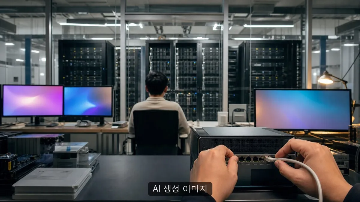 무표기 서버와 연산장비를 점검하는 AI 서비스 개발 장면을 구현한 AI 생성 이미지. 실제 공식 자료나 정부·참여기업 데이터센터 사진이 아니며 기사 내용을 설명하기 위한 연출 이미지다.