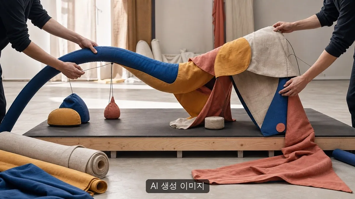 무대용 천과 추상적 곡선 오브제를 비식별 작업자의 손이 조립하는 일반화된 패브릭오브제극 작업 장면. AI 생성 이미지이며 실제 코 잃은 코끼리 코바 캐릭터·공연·제작 현장·예술의전당 또는 공식 자료 사진이 아닙니다.