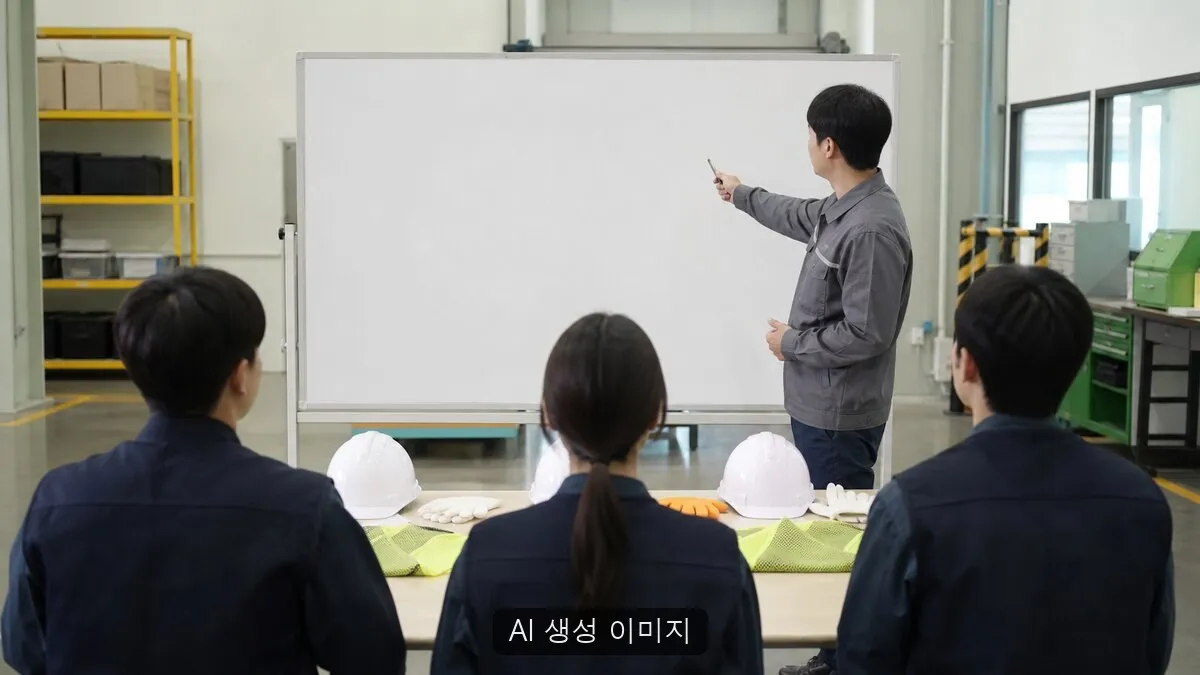 신규 근로자의 직무 배치 전 안전교육을 비식별 교육장면으로 재구성한 AI 생성 이미지입니다. 실제 고용노동부 자료나 사업장 현장 사진이 아닙니다.