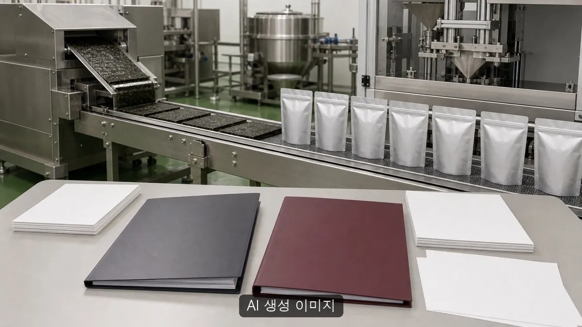 식품 제조 자회사에 대한 출자 결정을 무표식 조미김 생산설비와 빈 투자자료로 표현한 AI 생성 이미지입니다. 실제 삼천리·성경식품 자료나 생산 현장 사진이 아닙니다.