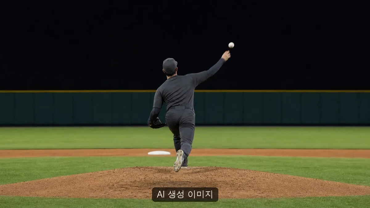 AI 생성 이미지. 실제 삼성-두산 경기나 잠실야구장을 촬영한 공식 자료 또는 현장 사진이 아니며, 구단 로고·등번호·식별 가능한 얼굴 없이 투수와 야구장을 일반화해 표현한 비현장 연출 이미지입니다.