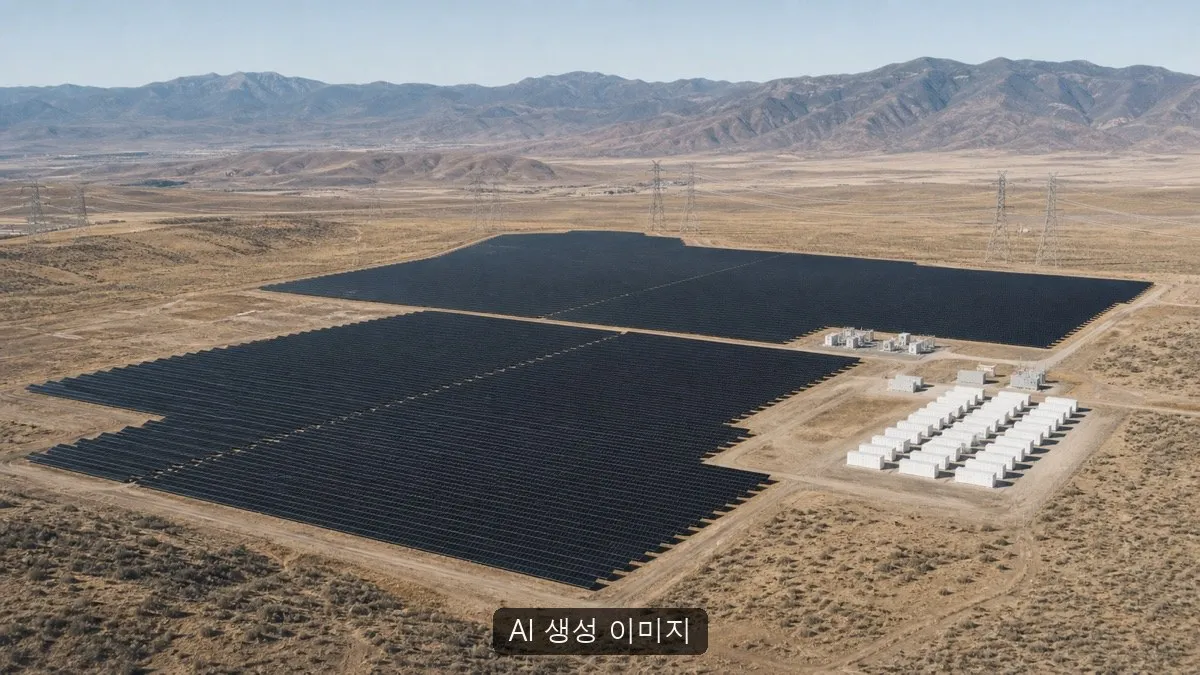 건조한 계곡의 일반화된 대규모 태양광 패널과 무표식 배터리 설비를 연출한 장면. AI 생성 이미지이며 실제 유타 시설, NASA 위성영상, 운영 현장 또는 공식 자료 사진이 아닙니다.