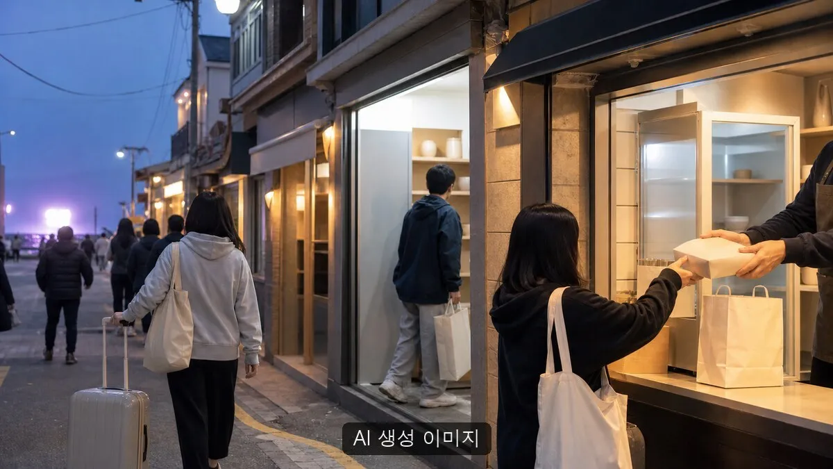 공연 관람객 유입 뒤 무표기 골목 상점과 음식점에 소비가 이어지는 장면을 구현한 AI 생성 이미지이며 실제 공식 자료나 현장 사진이 아님을 밝힌다.