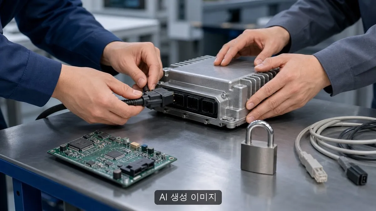 차량 전자제어 모듈과 회로기판을 연결해 보안 사업모델을 점검하는 무표식 작업대 장면. AI 생성 이미지이며 실제 공식 자료나 현장 사진이 아님을 밝힙니다. 충남테크노파크·지원기업과 무관한 연출입니다.