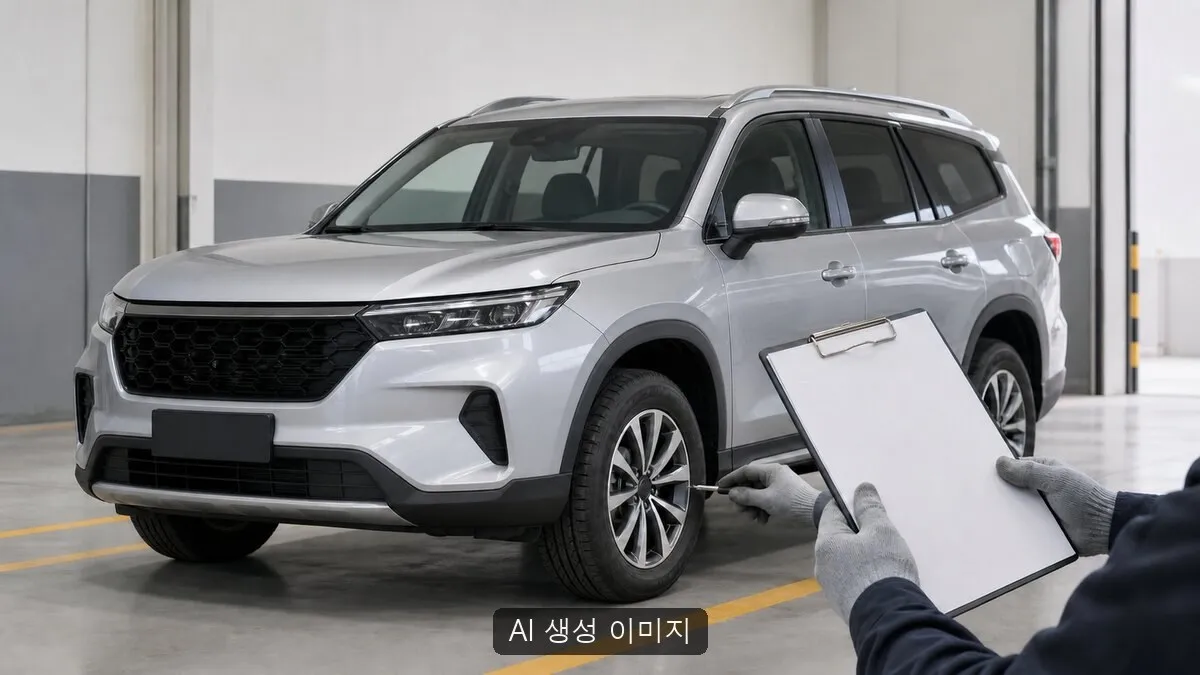 무표식 은색 다목적승용차를 점검장에서 빈 체크보드로 검수하는 장면. AI 생성 이미지이며 실제 공식 자료나 현장 사진이 아님을 밝힙니다. 한국농어촌공사·납품차량과 무관한 연출입니다.
