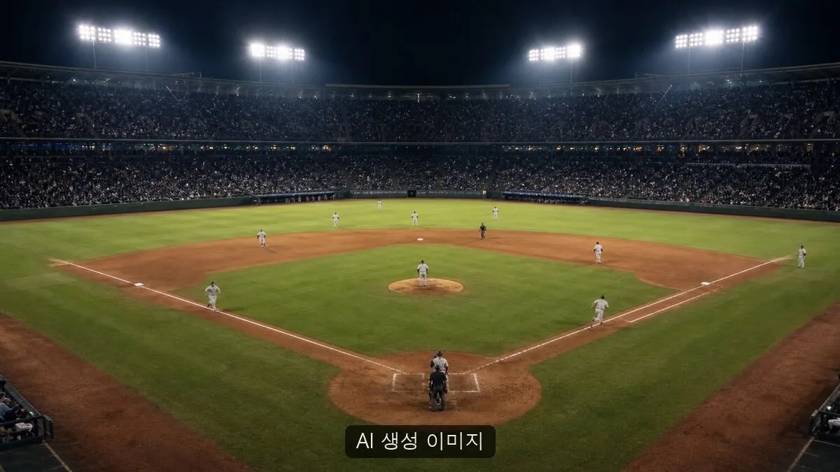 AI 생성 이미지이며 실제 공식 자료나 현장 사진이 아님. 실제 롯데-KT 경기나 사직야구장을 촬영하지 않았고, 구단 로고·등번호·점수판·식별 가능한 얼굴 없이 야간 야구의 대량 득점 흐름을 일반화한 비현장 연출 이미지입니다.