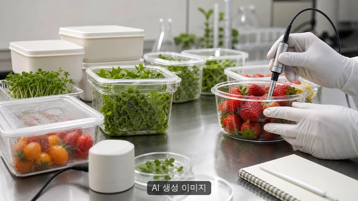 무표기 식품 시료와 센서로 신선도 검증을 준비하는 장면을 구현한 AI 생성 이미지. 실제 공식 자료나 현장 사진이 아니며 기사 내용을 설명하기 위한 연출 이미지다.
