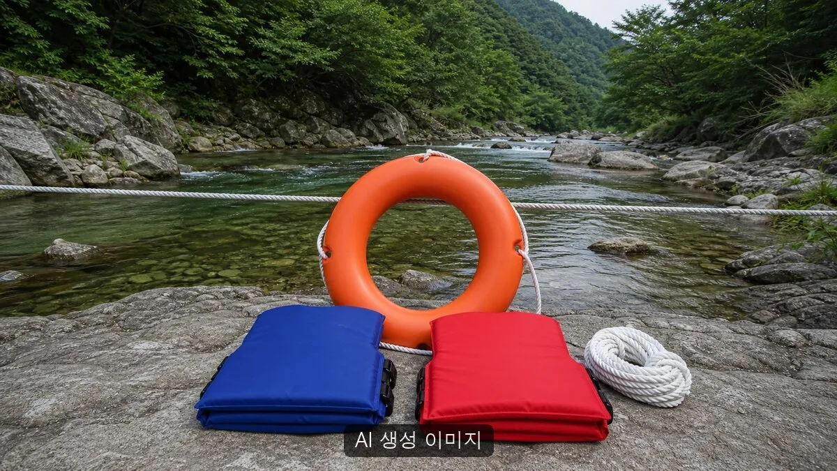 AI 생성 이미지이며 실제 공식 자료나 특정 국립공원·물놀이 현장 사진이 아닙니다. 여름철 물놀이 안전관리 내용을 설명하기 위한 연출 이미지입니다.