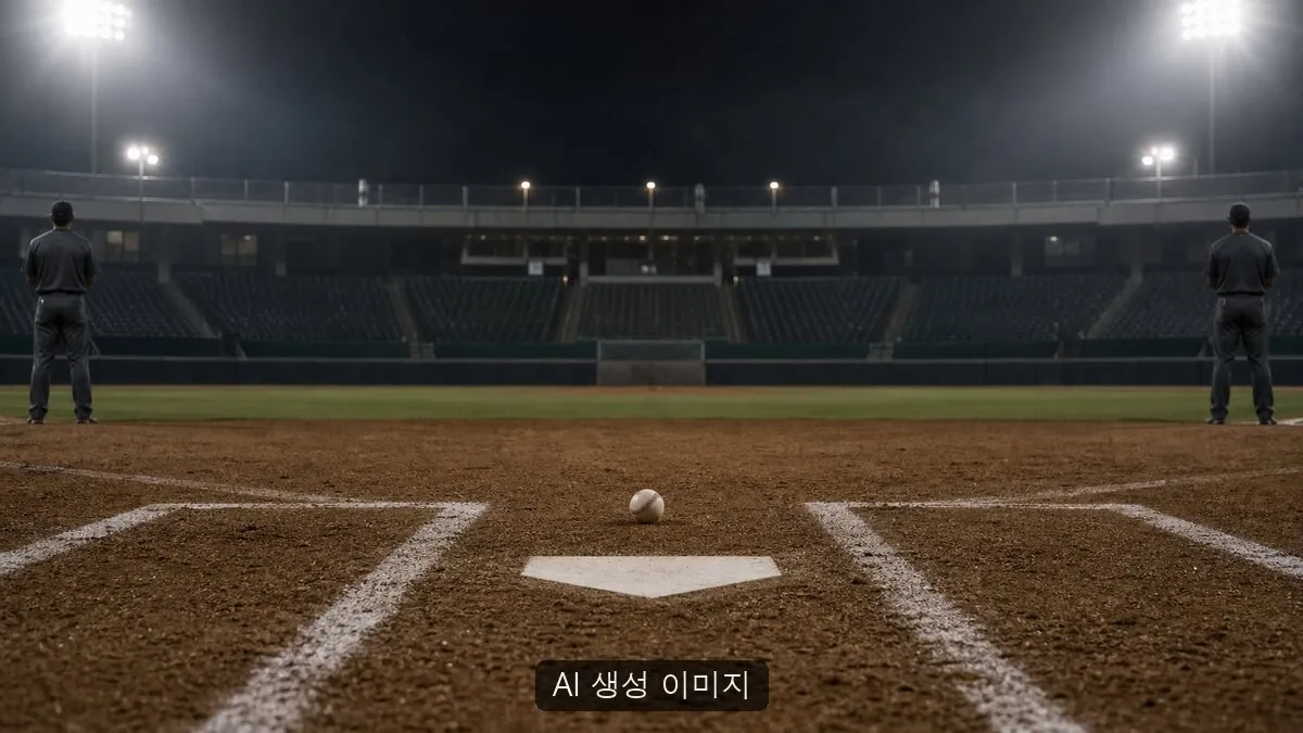AI 생성 이미지이며 실제 공식 자료나 현장 사진이 아님. 실제 NC-SSG 경기나 문학야구장을 촬영하지 않았고, 구단 로고·등번호·점수판·식별 가능한 얼굴 없이 연장전의 긴장과 비어 있는 홈플레이트를 일반화한 비현장 연출 이미지입니다.
