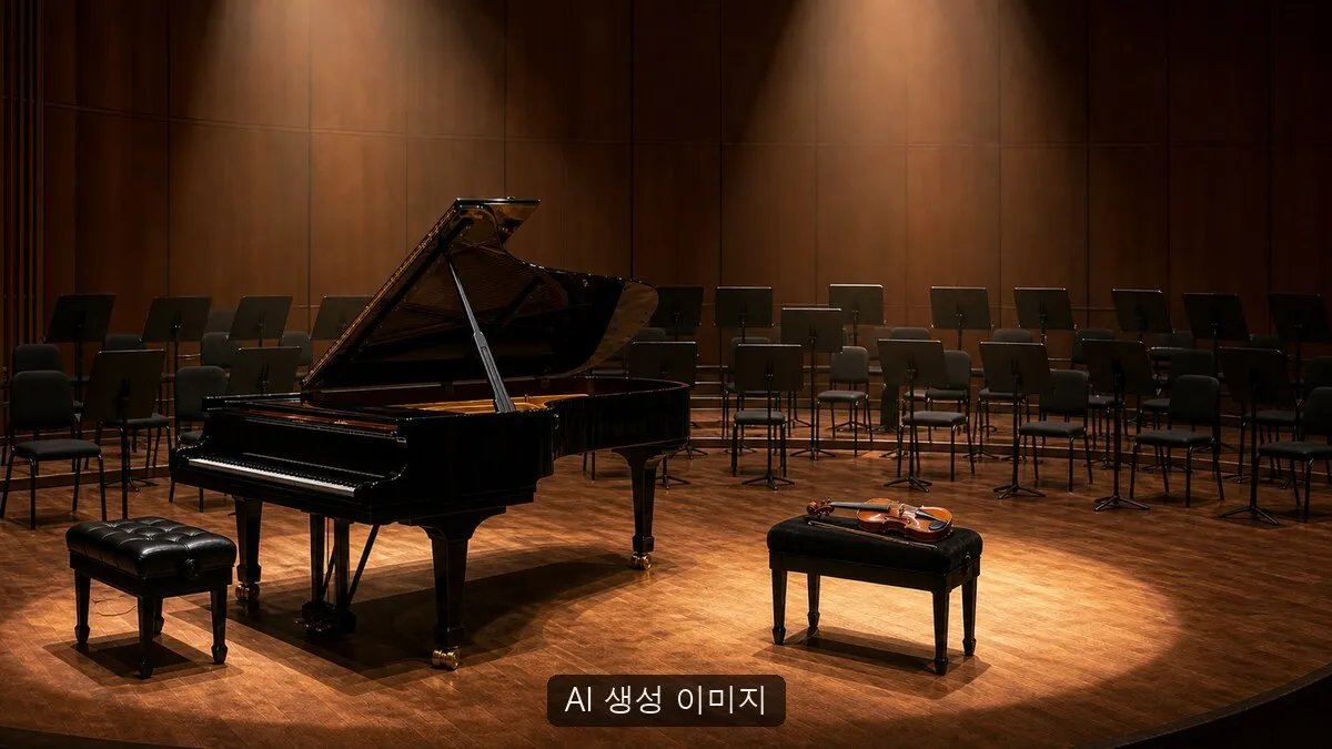 오케스트라와 날짜별 피아노·바이올린 협연을 설명하기 위해 빈 대형 공연장 무대에 무표식 그랜드피아노, 바이올린과 오케스트라 의자를 배치한 일반화된 장면. AI 생성 이미지이며 실제 수원시립교향악단·세종문화회관 공연, 출연진, 공식 자료나 현장 사진이 아닙니다.