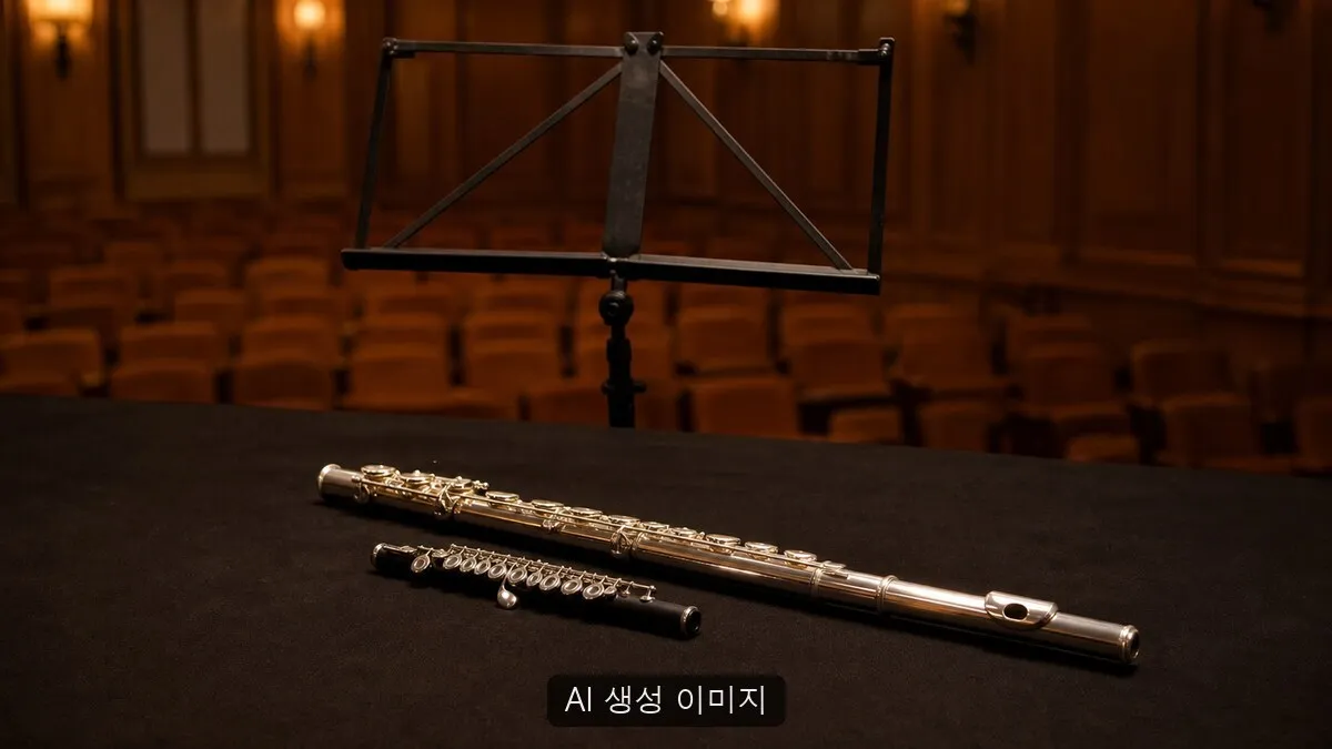 피콜로와 플루트 리사이틀을 설명하기 위해 빈 실내악 무대의 무표식 악기와 악보대를 구성한 일반화된 공연 준비 장면. AI 생성 이미지이며 실제 연주자, 세종문화회관 공연, 공식 자료나 현장 사진이 아닙니다.