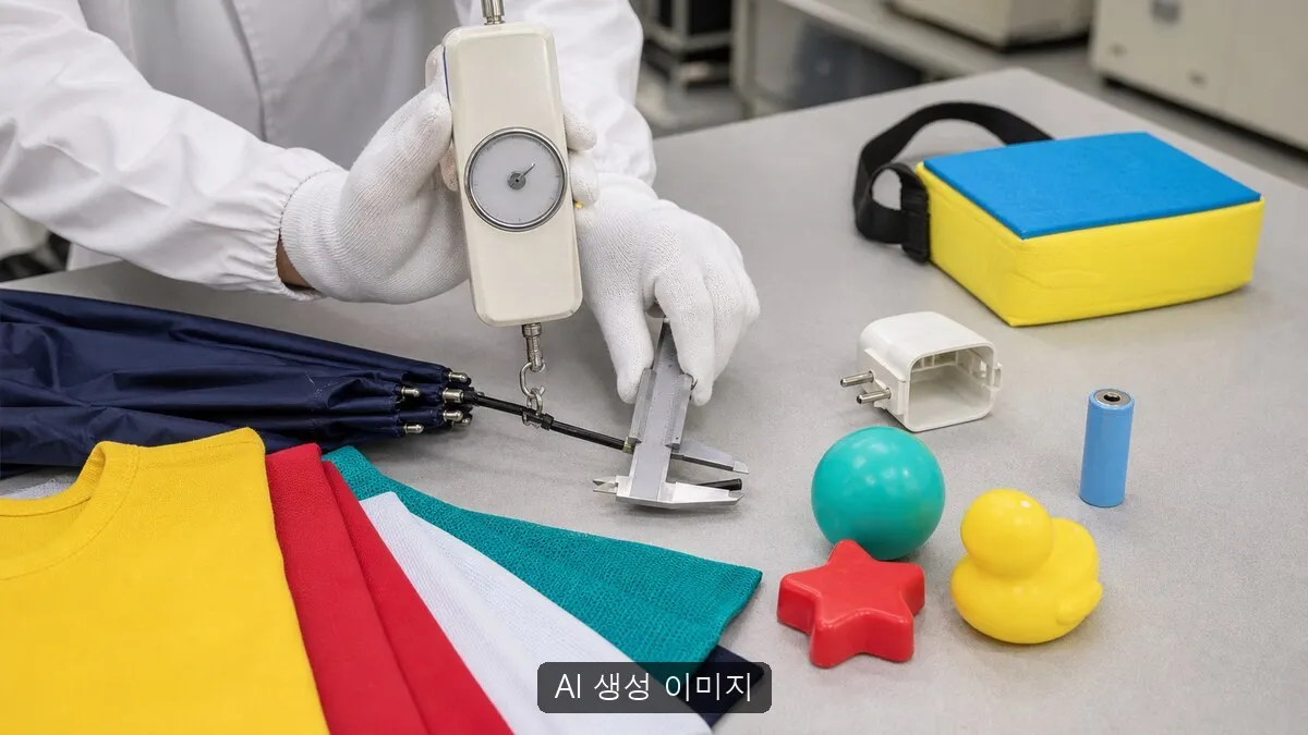 무표기 여름용품 시료를 안전시험 장비로 검사하는 장면을 구현한 AI 생성 이미지. 실제 리콜 제품, 공식 자료나 현장 사진이 아니며 기사 내용을 설명하기 위한 연출 이미지다.