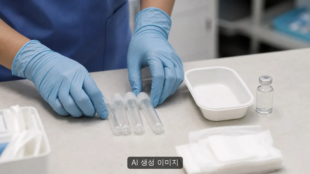 바이러스간염의 검사와 예방을 설명하기 위해 무표식 검체관, 진단 트레이, 백신 용기와 장갑 낀 손을 구성한 일반화된 진료 준비 장면. AI 생성 이미지이며 실제 WHO·질병관리청 공식 자료나 환자·의료기관의 현장 사진이 아닙니다.