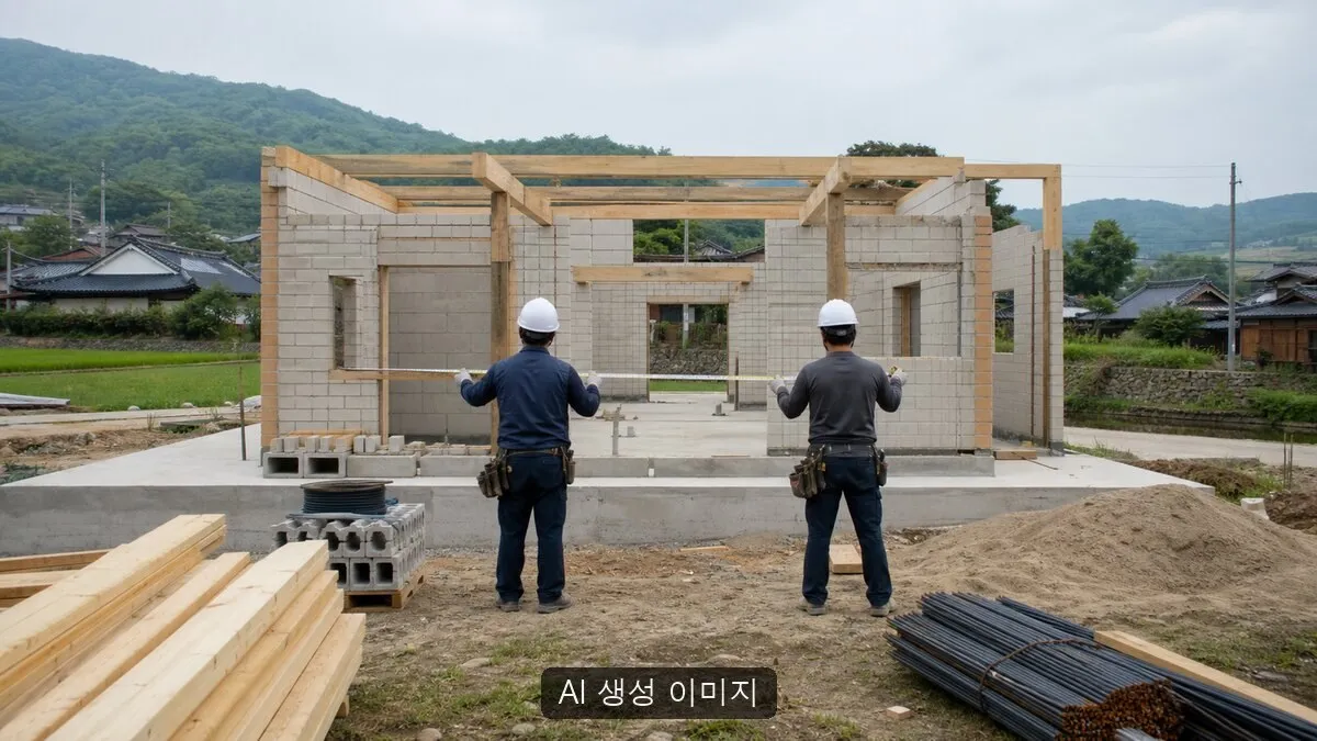 농촌 마을의 소규모 단층 건축물 공사 초기 단계에서 무표식 장비를 착용한 작업자가 정렬을 확인하는 장면. AI 생성 이미지이며 실제 공식 자료나 현장 사진이 아님을 밝힙니다. 영동군·구교리 공사와 무관한 연출입니다.