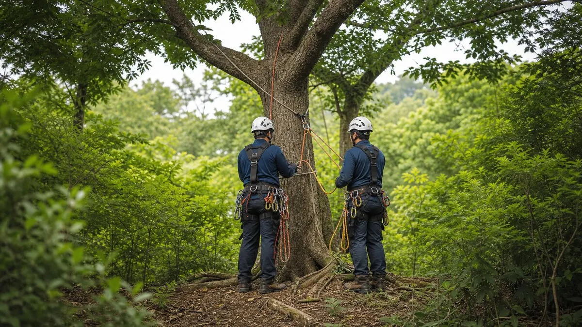 주거지와 떨어진 녹지에서 작업구역을 점검하는 수목 정비 준비 장면. AI 생성 이미지이며 실제 공식 자료나 현장 사진이 아닙니다. 논산시·공사 대상지·참가업체와 무관한 연출입니다.
