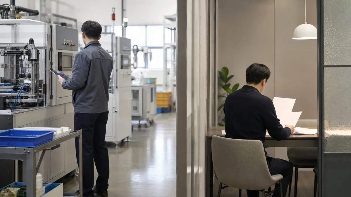 AI 생성 이미지이며 실제 한국은행 자료나 특정 기업의 현장 사진이 아닙니다. 제조업과 서비스업의 엇갈린 체감경기를 설명하기 위한 연출 이미지입니다.